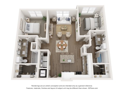 Floor plan for 2 beds, 2 baths, 1164 sqft